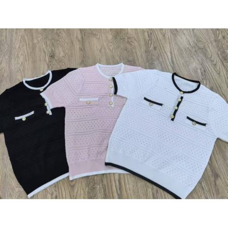 BY15033# LYMSTudio法式小香风撞色圆领短袖针织衫女白色金扣气质上衣 服裝批發女裝批發服飾貨源