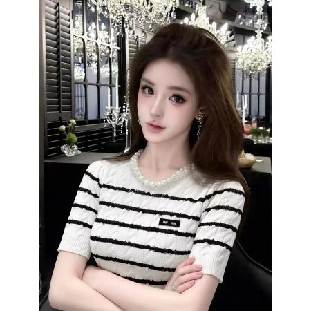 BY15034# LIHEYU韩版温柔风撞色条纹针织衫女夏季短袖圆领修身气质上衣 服裝批發女裝批發服飾貨源