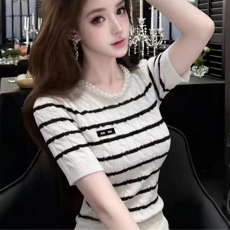 BY15034# LIHEYU韩版温柔风撞色条纹针织衫女夏季短袖圆领修身气质上衣 服裝批發女裝批發服飾貨源