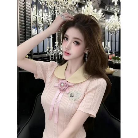 BY15035# LYMSTudio温柔韩系风翻领短袖针织衫女蝴蝶结气质上衣小香风 服裝批發女裝批發服飾貨源