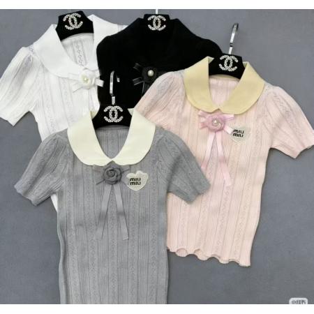 BY15035# LYMSTudio温柔韩系风翻领短袖针织衫女蝴蝶结气质上衣小香风 服裝批發女裝批發服飾貨源