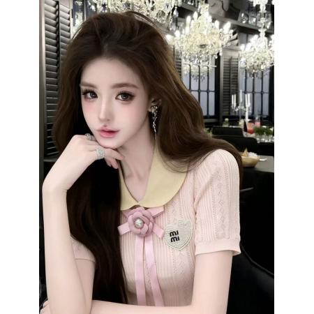 BY15035# LYMSTudio温柔韩系风翻领短袖针织衫女蝴蝶结气质上衣小香风 服裝批發女裝批發服飾貨源