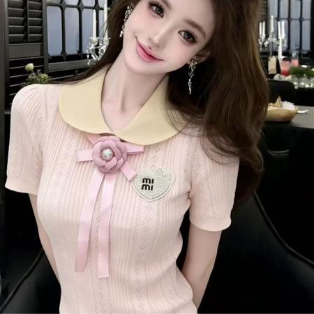 BY15035# LYMSTudio温柔韩系风翻领短袖针织衫女蝴蝶结气质上衣小香风 服裝批發女裝批發服飾貨源