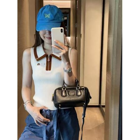 BY15037# 法式复古撞色POLO领无袖针织背心女修身显瘦高级感上衣 服裝批發女裝批發服飾貨源