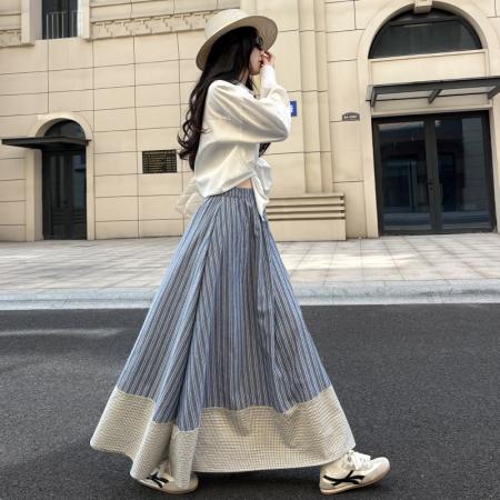 BY15040# 伯克利学院风条纹半身裙女夏季新款高腰显瘦长款气质裙子 服裝批發女裝批發服飾貨源