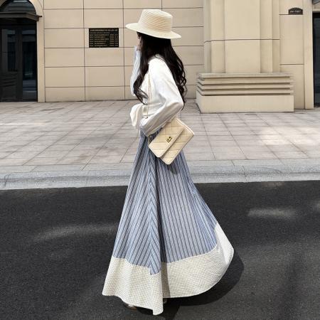 BY15040# 伯克利学院风条纹半身裙女夏季新款高腰显瘦长款气质裙子 服裝批發女裝批發服飾貨源