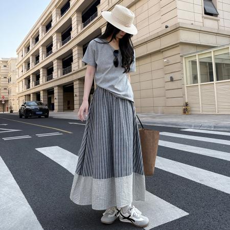 BY15040# 伯克利学院风条纹半身裙女夏季新款高腰显瘦长款气质裙子 服裝批發女裝批發服飾貨源