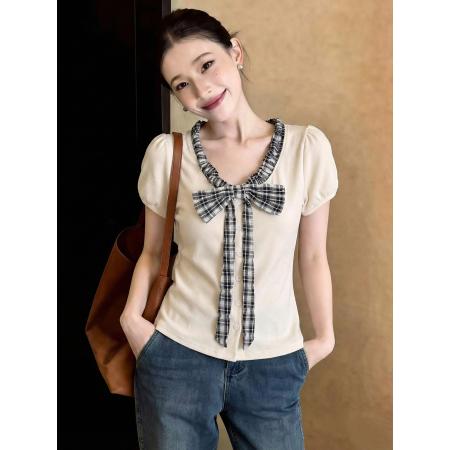 BY15042# 格纹蝴蝶结短袖T恤韩系气质温柔休闲百搭甜美减龄上衣女 服裝批發女裝批發服飾貨源