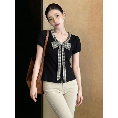 BY15042# 格纹蝴蝶结短袖T恤韩系气质温柔休闲百搭甜美减龄上衣女 服裝批發女裝批發服飾貨源