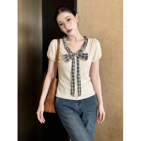 BY15042# 格纹蝴蝶结短袖T恤韩系气质温柔休闲百搭甜美减龄上衣女 服裝批發女裝批發服飾貨源