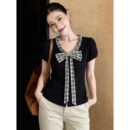 BY15042# 格纹蝴蝶结短袖T恤韩系气质温柔休闲百搭甜美减龄上衣女 服裝批發女裝批發服飾貨源