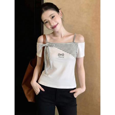 BY15043# 夏季修身显瘦小个子条纹刺绣拼接撞色短袖T恤女上衣 服裝批發女裝批發服飾貨源