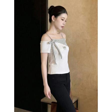 BY15043# 夏季修身显瘦小个子条纹刺绣拼接撞色短袖T恤女上衣 服裝批發女裝批發服飾貨源