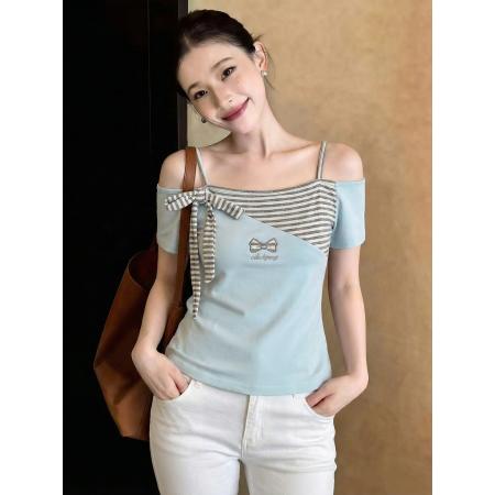 BY15043# 夏季修身显瘦小个子条纹刺绣拼接撞色短袖T恤女上衣 服裝批發女裝批發服飾貨源