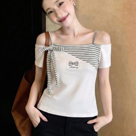 BY15043# 夏季修身显瘦小个子条纹刺绣拼接撞色短袖T恤女上衣 服裝批發女裝批發服飾貨源