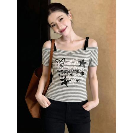 BY15044# 美式复古纯欲辣妹风字母印花性感条纹短袖T恤女春夏新款上衣 服裝批發女裝批發服飾貨源