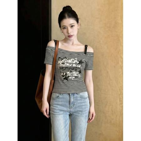 BY15044# 美式复古纯欲辣妹风字母印花性感条纹短袖T恤女春夏新款上衣 服裝批發女裝批發服飾貨源