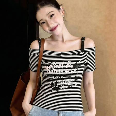 BY15044# 美式复古纯欲辣妹风字母印花性感条纹短袖T恤女春夏新款上衣 服裝批發女裝批發服飾貨源
