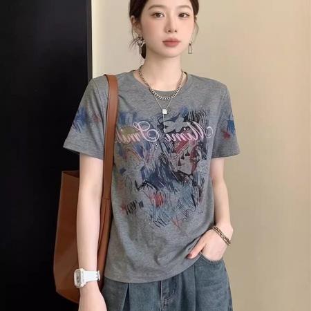 BY15045# 精棉夏季新款印花设计感圆领T恤上衣 服裝批發女裝批發服飾貨源