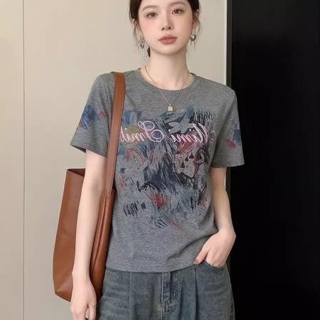 BY15045# 精棉夏季新款印花设计感圆领T恤上衣 服裝批發女裝批發服飾貨源