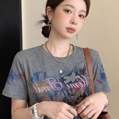 BY15045# 精棉夏季新款印花设计感圆领T恤上衣 服裝批發女裝批發服飾貨源