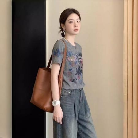 BY15045# 精棉夏季新款印花设计感圆领T恤上衣 服裝批發女裝批發服飾貨源