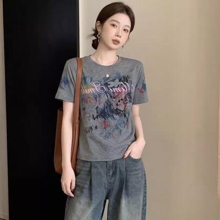 BY15045# 精棉夏季新款印花设计感圆领T恤上衣 服裝批發女裝批發服飾貨源