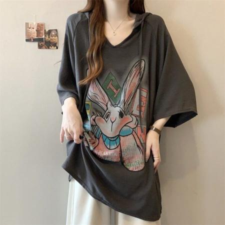 BY15046# 冰丝邹夏季新款宽松卡通印花短袖连帽T恤上衣 服裝批發女裝批發服飾貨源