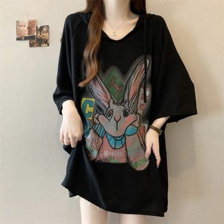 BY15046# 冰丝邹夏季新款宽松卡通印花短袖连帽T恤上衣 服裝批發女裝批發服飾貨源