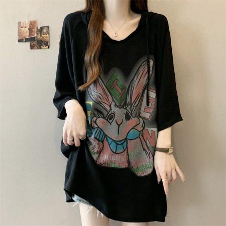 BY15046# 冰丝邹夏季新款宽松卡通印花短袖连帽T恤上衣 服裝批發女裝批發服飾貨源