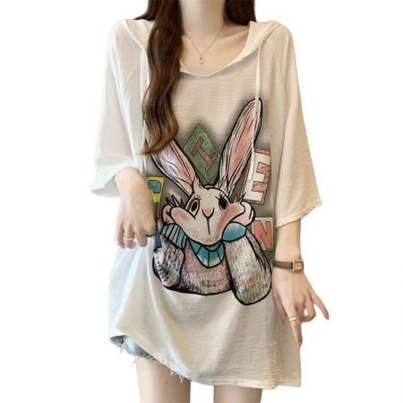 BY15046# 冰丝邹夏季新款宽松卡通印花短袖连帽T恤上衣 服裝批發女裝批發服飾貨源