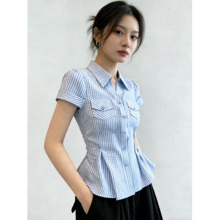 BY15047# 蓝色条纹短袖衬衫女夏季新款气质翻领收腰显瘦设计感衬衣上衣 服裝批發女裝批發服飾貨源