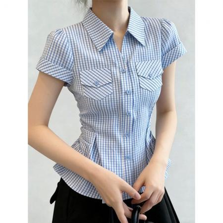 BY15047# 蓝色条纹短袖衬衫女夏季新款气质翻领收腰显瘦设计感衬衣上衣 服裝批發女裝批發服飾貨源