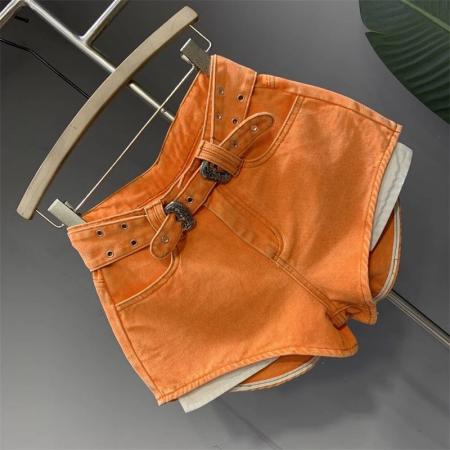BY15048# 夏季新款桔色辣妹显腿长牛仔短裤高腰百搭漏口袋a字热裤潮 服裝批發女裝批發服飾貨源