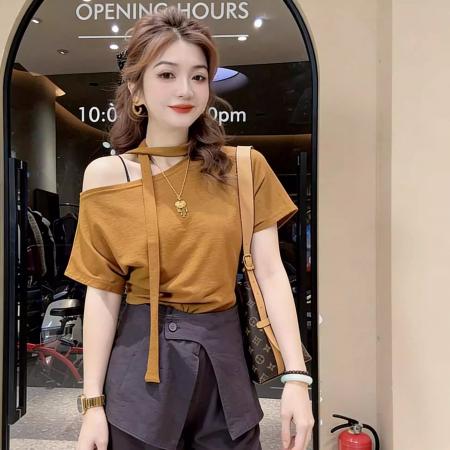 BY15050# 纯棉斜肩飘带短袖T恤女夏季新款时尚显瘦百搭上衣 服裝批發女裝批發服飾貨源