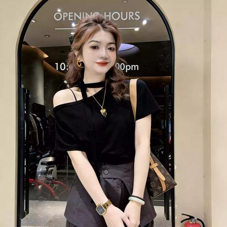 BY15050# 纯棉斜肩飘带短袖T恤女夏季新款时尚显瘦百搭上衣 服裝批發女裝批發服飾貨源