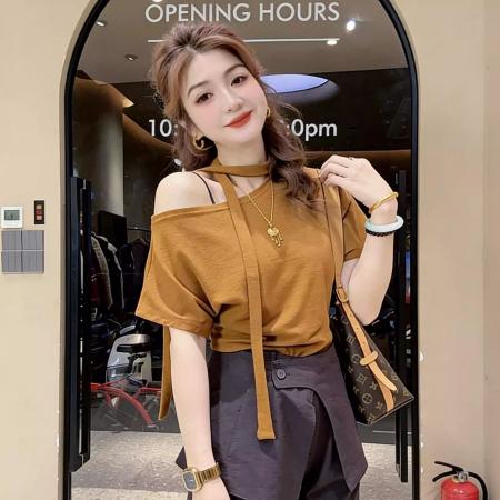 BY15050# 纯棉斜肩飘带短袖T恤女夏季新款时尚显瘦百搭上衣 服裝批發女裝批發服飾貨源