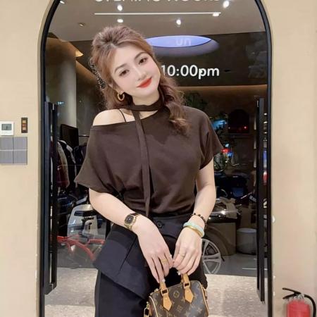 BY15050# 纯棉斜肩飘带短袖T恤女夏季新款时尚显瘦百搭上衣 服裝批發女裝批發服飾貨源