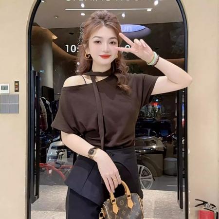 BY15050# 纯棉斜肩飘带短袖T恤女夏季新款时尚显瘦百搭上衣 服裝批發女裝批發服飾貨源