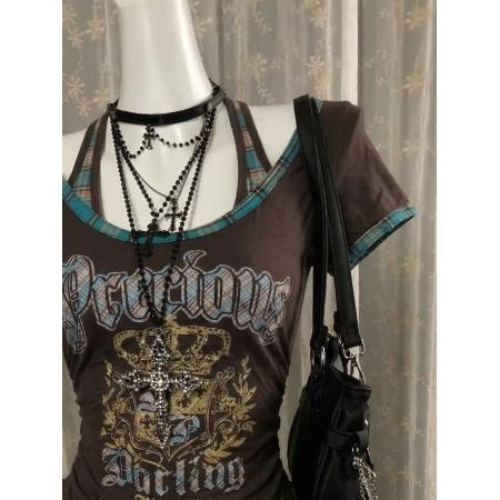 BY15051# 美式复古印花挂脖假两件拼接短袖T恤显瘦百搭格子抽绳上衣 服裝批發女裝批發服飾貨源