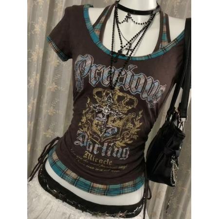 BY15051# 美式复古印花挂脖假两件拼接短袖T恤显瘦百搭格子抽绳上衣 服裝批發女裝批發服飾貨源