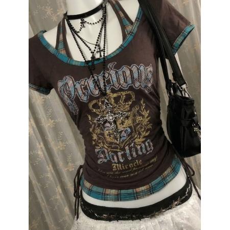 BY15051# 美式复古印花挂脖假两件拼接短袖T恤显瘦百搭格子抽绳上衣 服裝批發女裝批發服飾貨源