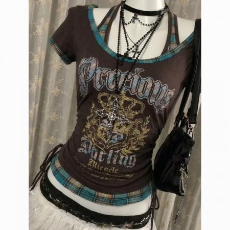 BY15051# 美式复古印花挂脖假两件拼接短袖T恤显瘦百搭格子抽绳上衣 服裝批發女裝批發服飾貨源