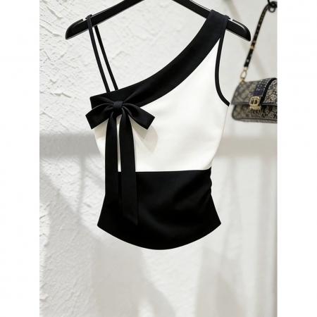 BY15052# 黑白拼接背心女新款独特漂亮轻熟气质小香风设计感吊带上衣夏 服裝批發女裝批發服飾貨源