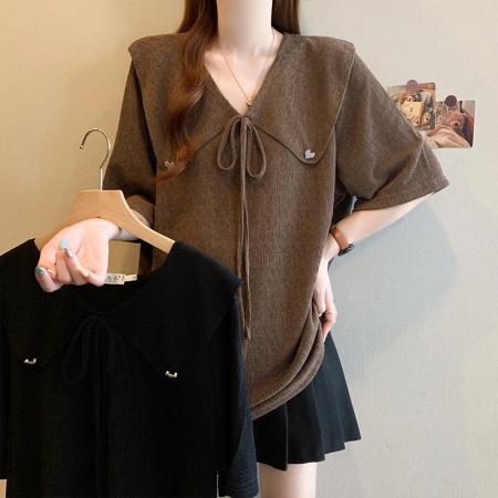 BY15053# 夏季新款大码时尚减龄设计感娃娃脸系带宽松显瘦T恤上衣 服裝批發女裝批發服飾貨源