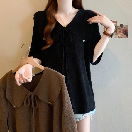 BY15053# 夏季新款大码时尚减龄设计感娃娃脸系带宽松显瘦T恤上衣 服裝批發女裝批發服飾貨源