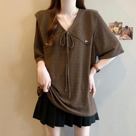 BY15053# 夏季新款大码时尚减龄设计感娃娃脸系带宽松显瘦T恤上衣 服裝批發女裝批發服飾貨源