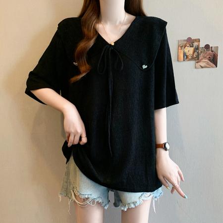 BY15053# 夏季新款大码时尚减龄设计感娃娃脸系带宽松显瘦T恤上衣 服裝批發女裝批發服飾貨源