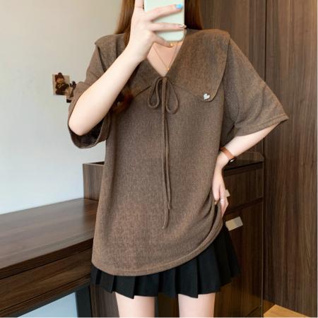 BY15053# 夏季新款大码时尚减龄设计感娃娃脸系带宽松显瘦T恤上衣 服裝批發女裝批發服飾貨源