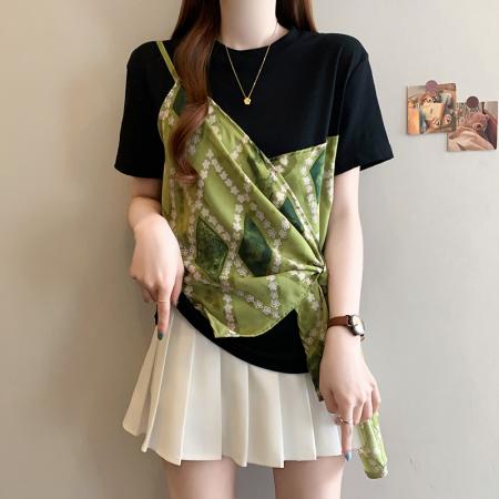 BY15054# 夏季新款大码女时尚气质拼接设计假两件系带收腰显瘦T恤 服裝批發女裝批發服飾貨源